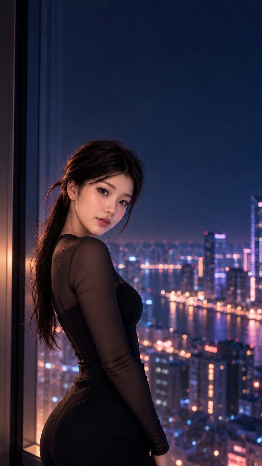 Miss Victoria at a window above the city at night